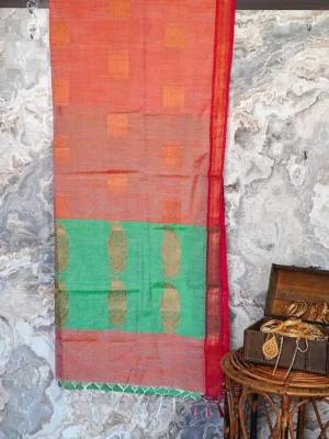 Peach Red Border Zari Saree