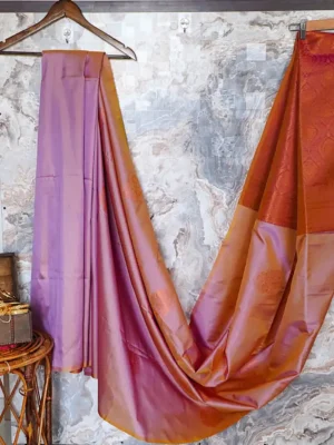 Glossy Lavender soft silk with Copper gold zari pallu.