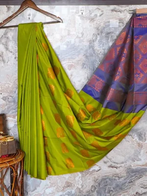 Lime green with a rich royal blue pallu.