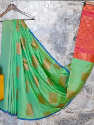 Parrot Green soft silk with coral pink pallu