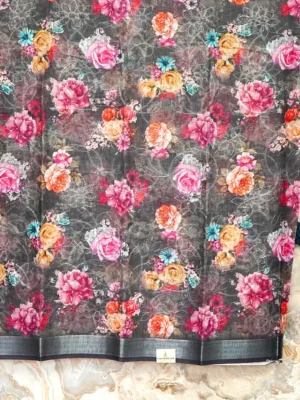 Charcoal Floral Linen Saree