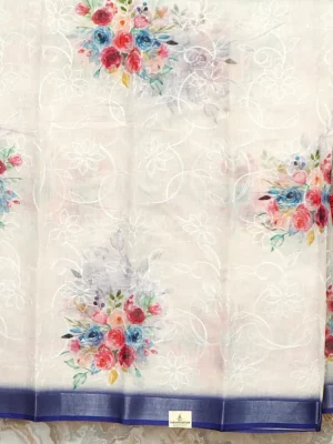 Silver White Floral Linen Saree