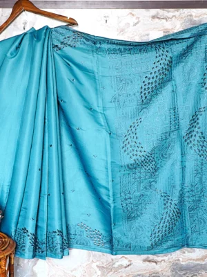Teal Peacock Grid Saree
