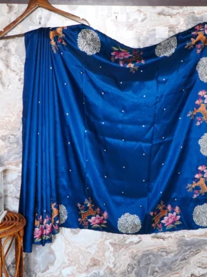 Teal Forest Stag Silk Saree