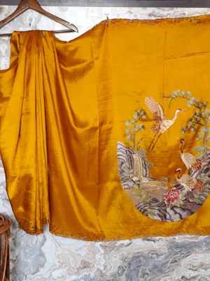 Mustard Crane Mural Saree