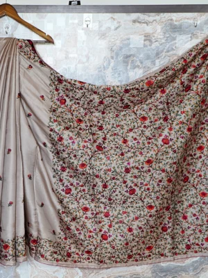 Beige Floral Jaal Silk Saree