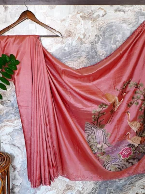 Dusty Rose Crane Silk Saree