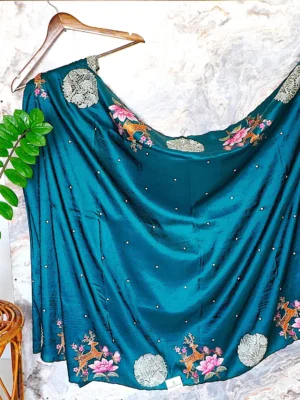 Peacock Blue Deer Silk Saree