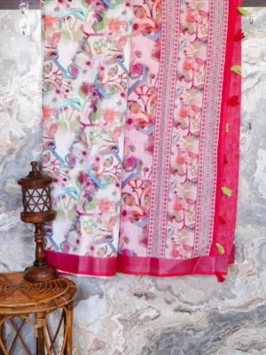 Off-White Pink Geometric Saree