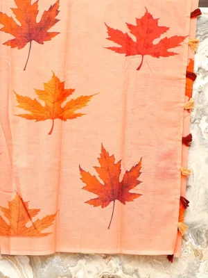 Peach Maple Leaf Linen Saree