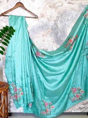Seafoam Floral Cutwork Saree