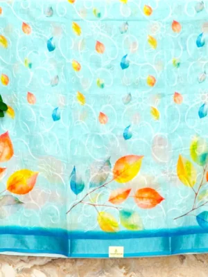 Sky Blue Leaf Linen Saree